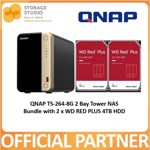 QNAP TS-264-8G 2 Bay Tower NAS Bundle With 2 x 4TB WD Red Plus Hard Disk. Singapore Warranty 2 Years